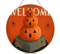 Letrero de bienvenida de calabaza para puerta delantera, base de piedra de telaraña festiva de Halloween, madera naranja, puerta colgante, letrero de bienvenida para porche delantero, decoración para
