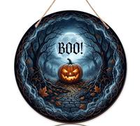 Letrero de bienvenida de calabazas para puerta delantera, árbol gótico espeluznante Boo! Halloween madera naranja Welcome to Our Home, decoración para puerta delantera, juego de 1