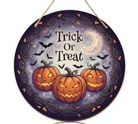 Letrero de bienvenida de calabazas para puerta delantera, diseño de murciélago espeluznante, luna de Halloween, madera naranja, bienvenido a nuestro hogar, letrero de puerta delantera, decoración de
