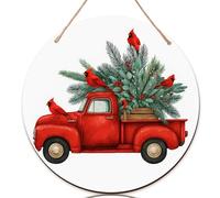 Letrero de bienvenida de camión rojo para puerta delantera, pájaros rústicos de Navidad, ramas de pino, decoración de puerta de madera roja, letrero colgante para decoración de apartamento, entrada al