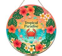 Letrero de bienvenida de cangrejo para puerta delantera, playa tropical, hibisco, conchas marinas, verano, madera naranja, bienvenido a nuestro hogar, decoración para apartamento, juego de 1