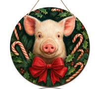 Letrero de bienvenida de cerdos para puerta delantera, bastón de caramelo festivo de Navidad, acebo, Navidad, madera verde, letrero de bienvenida para puerta colgante, decoración frontal para