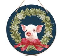 Letrero de bienvenida de cerdos para puerta delantera, corona rústica de Navidad, decoración de puerta de madera azul marino, decoración de puerta colgante, decoración frontal, decoración al aire