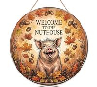 Letrero de bienvenida de cerdos para puerta delantera, diseño rústico de bellota, hoja de arce otoñal, decoración de puerta de madera naranja, decoración de apartamento, entrada al aire libre, juego