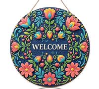 Letrero de bienvenida de flores para puerta delantera, diseño floral vibrante de hojas en espiral, madera azul, porche al aire libre, decoración de puerta delantera para apartamento, juego de 1