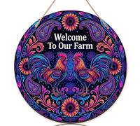 Letrero de bienvenida de gallo para puerta delantera, diseño bohemio y vibrante de girasol, cachemira, verano, madera azul, porche al aire libre, hermosa decoración del hogar, juego de 1