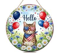 Letrero de bienvenida de gato para puerta delantera, bolas de aire festivas, margaritas, día de la independencia, madera roja, letrero de bienvenida a nuestra casa, hermosa decoración para el hogar