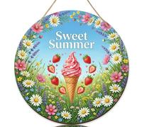 Letrero de bienvenida de helado para puerta delantera, diseño de fresa, crisantemo, verano, melocotón, madera de durazno, decoración para colgar en el hogar, juego de 1