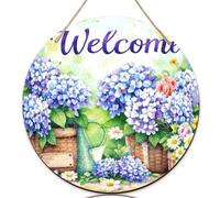 Letrero de bienvenida de hortensias para puerta delantera, cesta floral de primavera, regadera de madera azul, letrero de bienvenida para puerta delantera, hermosa decoración del hogar, juego de 1