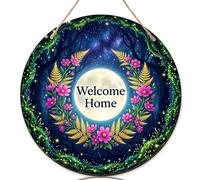 Letrero de bienvenida de luna para puerta delantera, diseño de flores inspiradas en la naturaleza, hojas de verano de madera azul con texto en inglés "Welcome to Our Home" para puerta delantera