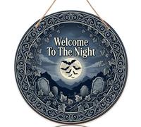 Letrero de bienvenida de luna para puerta delantera, lápidas góticas vintage de murciélagos para Halloween, letrero de bienvenida de madera azul marino para decoración de porche delantero, apartamento