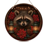 Letrero de bienvenida de mapache para puerta delantera, linterna rústica de Pascua de temporada, madera roja, decoración para puerta delantera, decoración para apartamento, juego de 1 unidad