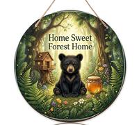 Letrero de bienvenida de oso para puerta delantera, diseño de casa de árbol con texto en inglés "Nature Fanciful Treehouse", tarro de miel, ninguno de madera verde, letreros de bienvenida para
