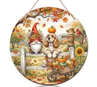 Letrero de bienvenida de perro Cocker Spaniel para puerta delantera, porche, gnomo de otoño, cosecha de granja, colgador redondo de madera al aire libre, 12 pulgadas, decoraciones de espantapájaros