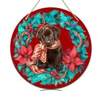 Letrero de bienvenida de perro para puerta delantera, corona festiva de Navidad, flor de pascua, letreros de puerta de madera roja para decoración de apartamento, entrada al aire libre, juego de 3