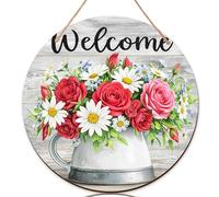 Letrero de bienvenida de rosas para puerta delantera, margaritas rústicas florales, flores azules, madera de durazno de primavera, letreros de bienvenida al aire libre para porche, porche delantero