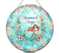 Letrero de bienvenida de sirena para puerta delantera, diseño náutico de concha de coral de verano, madera de aguamarina, letreros de bienvenida al aire libre para porche, decoración de puerta