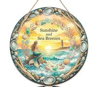 Letrero de bienvenida de sirena para puerta delantera, playa, concha náutica, coral, verano, madera azul, bienvenido a nuestro hogar, decoración al aire libre, juego de 1