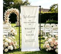Letrero de bienvenida de tela transparente personalizada con borde de encaje, letrero de lino personalizado con cinta para entrada de ceremonia al aire libre, decoración rústica bohemia de fiesta de