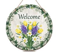 Letrero de bienvenida de tulipanes para puerta delantera, diseño floral de jacinto de narciso primavera de madera amarilla con texto en inglés "Welcome to Our Home" para puerta delantera, decoración