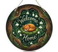 Letrero de bienvenida de zorro para puerta delantera, diseño de flores y helechos de primavera verde de madera verde con texto en inglés «Welcome to Our Home» (Bienvenido a nuestro hogar)