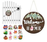 Letrero de bienvenida intercambiable | con 12 iconos rústicos rústicos para decoración de vacaciones, decoración de puerta, letrero de bienvenida para entrada, hogar, pared, inauguración de la casa