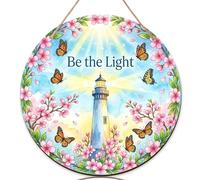 Letrero de bienvenida para puerta delantera, diseño de mariposa, cerezas, primavera, azul pastel, madera con texto en inglés «Welcome to Our Home», decoración exterior para porche y entrada, juego de