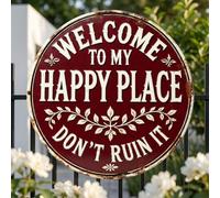 Letrero de bienvenida para puerta delantera, divertido y redondo, de madera, con texto en inglés "Welcome to My Happy Place", para el hogar, oficina, dormitorio, cocina, comedor o bar, decoración de