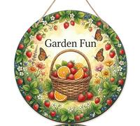 Letrero de bienvenida para puerta delantera, jardín, naturaleza, fresas, flores, primavera, madera verde, bienvenida, hogar, puerta delantera, decoración colgante para el hogar, juego de 1