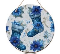 Letrero de bienvenida para puerta delantera, Navidad, invierno, flor de pascua, copo de nieve, Navidad, madera azul, porche al aire libre, decoración de puerta delantera para apartamento, juego de 3