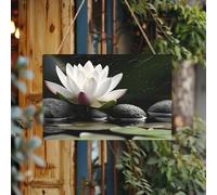 Letrero de bienvenida personalizado de madera para puerta delantera, loto y piedras Zen negras, placa de madera sin terminar con cuerda, decoración del hogar, letrero de jardín para jardín y patio