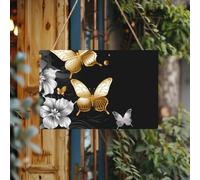 Letrero de bienvenida personalizado de madera para puerta delantera, mariposas blancas y doradas, letreros de madera negra, placa de madera sin terminar con cuerda, decoración del hogar, letrero de