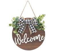 Letrero de Bienvenida Puerta Frontal Señal Madera Redonda Colgante Coronas de Bienvenida con Lazo y Flores para Casa de Campo Porche Decoración de La Puerta Delantera, 30 x 30 cm