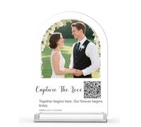 Letrero de boda acrílico personalizado, marco de fotos de boda con código QR, diseño de arco de 5 x 7 pulgadas para compartir fotos y capturar amor, perfecto para decoración de mesa de recepción y