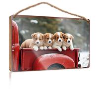 Letrero de bosque con texto en inglés "Hello Winter Four Cute Puppies In A Red Truck On A Snowy Day" para exteriores, para porche, decoración de oficina de otoño (20 x 30 cm)