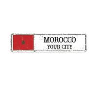 Letrero de calle de Marruecos personalizado con bandera de Marruecos, letrero de metal personalizado con nombre de la ciudad de Marruecos, arte de pared rústico para decoración del hogar, regalo para