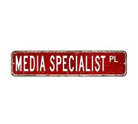 Letrero de calle especializado en medios de comunicación, regalo de especialista en medios, letreros de metal de 4 x 18 pulgadas, personalizable, resistente a la intemperie, placa de arte de metal
