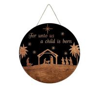 Letrero de casa con texto en inglés "Welcome Door Hanger for A Child Is Born Nace" (Un niño nació), pesebre, escena de pesebre, redondo, belén, escena navideña, bebé, Jesuús, Navidad, 11, 8 x 11