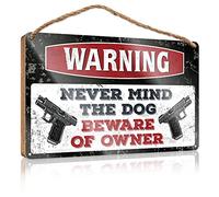Letrero de cocina con texto en inglés "Never Mind The Dog Beware Of Owner" de madera, decoración de puerta delantera para habitación (23 x 35 cm)