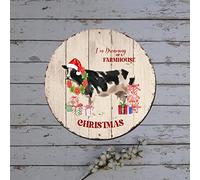 Letrero de corona de camión rojo con cita de animales de granja I'm Dreaming of A Farmhouse - Letrero redondo de metal para decoración de gabinete de Navidad, corona de metal rústico para patio