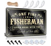 Letrero de cueva de hombre pequeño con texto en inglés "One Fine Fisherman Lives Here With The Catch Of His Life", letreros divertidos para la casa (20 x 30 cm)