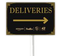 Letrero de entrega con flecha derecha, letrero de patio con estaca, instrucciones de entrega para mis paquetes, placa de aluminio resistente, libre de óxido, resistente a la intemperie, 30 x 20 cm