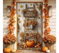 Letrero de escalera de calabazas rústicas de cosecha otoñal, 36 x 72 | Escalera de madera rústica, telón de fondo de puerta delantera, hojas de trigo, saludo de cosecha de temporada, estilo granja