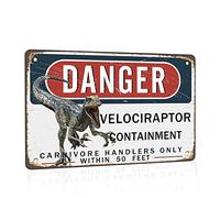 Letrero de estaño con texto en inglés "Danger Velociraptor Containment" (30,5 x 20,