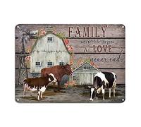 Letrero de estaño con texto en inglés "Family Where Life Begins And Love Never Ends" de mediados de siglo, diseño de vacas, granja, 25,4 x 35,5 cm, resistente a la decoloración, para casa, garaje, bar