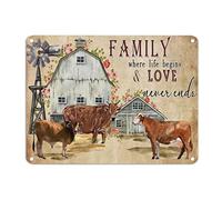 Letrero de estaño con texto en inglés "Family Where Life Begins and Love Never Ends" - Letrero de metal rústico con vaca divertida, 12 x 16 pulgadas, resistente a la decoloración, decoración de pared