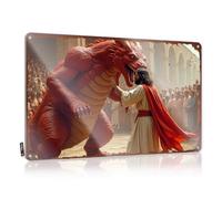 Letrero de estaño con texto en inglés "Man Cave Accessories And Decor Jesus Confronting A Giant Red Dragon In Front Of An Ancient Citys" (20 x 30 cm)