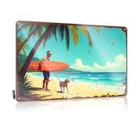 Letrero de estaño con texto en inglés "Man Cave Accessories And Decor Surfer With Dog On Tropical Beach" (20 x 30 cm)
