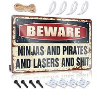 Letrero de estaño con texto en inglés "Man Cave Decor Ninjas And Pirates And Lasers And $Hit Warning Tin Sign Small Metal Tin Funny House Signs" (30 x 40 cm)