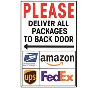 Letrero de estaño con texto en inglés «Please Deliver All Packages To Back Door» (flecha indicadora izquierda) de fácil montaje, uso en interiores y exteriores, 8 x 6 pulgadas